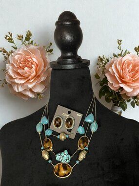 Chico's Turquoise Stone Necklace with Matching Clip Earrings
